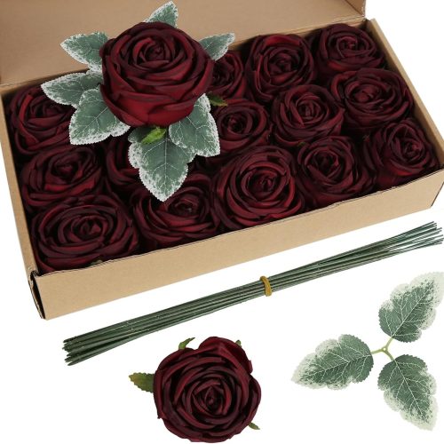 Fake Roses,16PCS Burgundy Flowers Artificial Silk Roses with Stems for Wedding Bouquets Party Bridal Shower Home Decor(Burgundy)