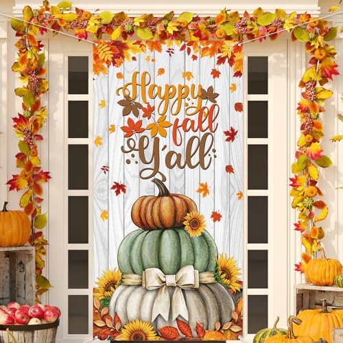 Fall Door Cover Happy Fall Yall Photo Backdrop Farmhouse Autumn Thanksgiving Harvest Festival Decorations and Supplies for Home