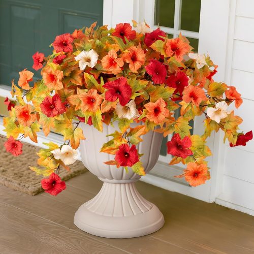 Fall Flowers Artificial for Decoration Fake Petunias Plants for Outdoor, 2PCS Autumn Silk Faux Flower UV Resistant No Fade Floral for Garden Balcony Yard Porch Realistic Indoor Decor (Orange White)