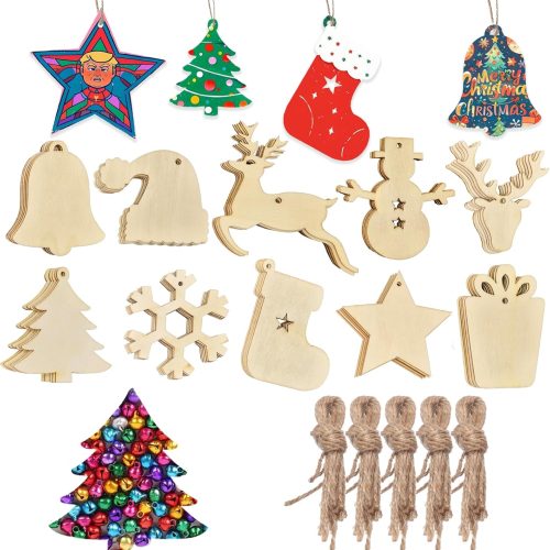 1 50pcs Christmas Wooden Ornaments for Crafts, 10 New Styles Unfinished Wood Slice Ornaments, Wooden Christmas Ornaments to Paint, Christmas Tree Hanging Ornaments Wood Christmas Decoration DIY Crafts