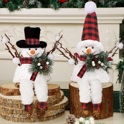 1 Set of 2 Christmas Snowman Ornaments for Table Mantel Desk Fireplace Home Holiday Decor (Red and Black)