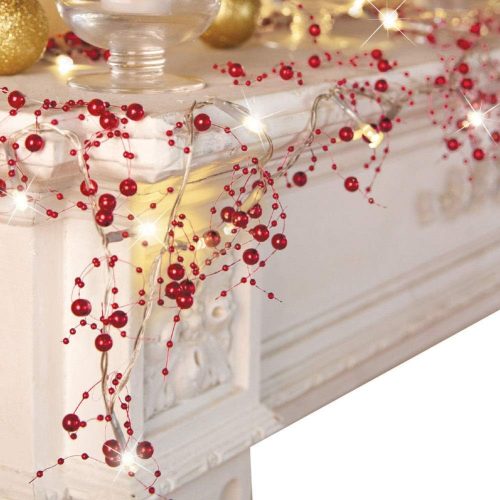 1 Christmas Garland with Lights 8.3 FT Festival Lighted Berry Beaded Garland Christmas Decorations for Indoor Home Mantel Fireplace Holiday Party Decor (Red, 16.6FT)