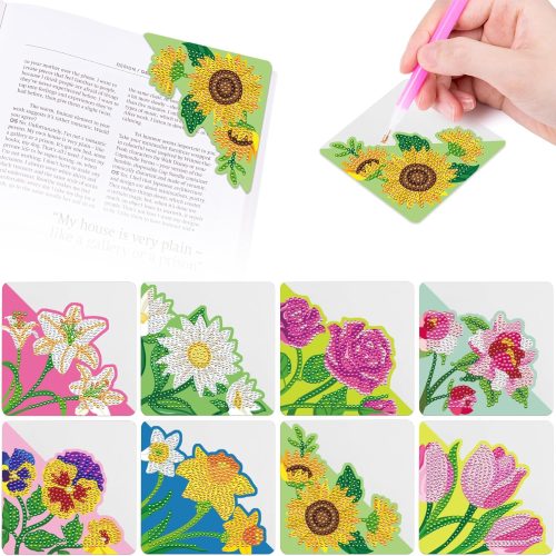 1 8 Pack Diamond Art Bookmarks, Flowers Diamond Art Bookmark Tassel Resin Rhinestone Leather Bookmark Kit for Adults DIY Beginner Diamond Painting Bookmarks