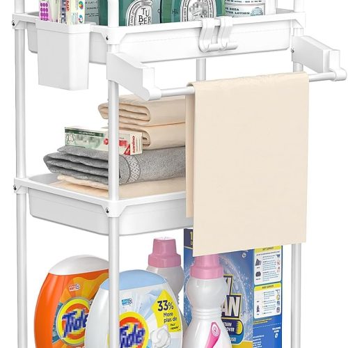 Rolling Storage Cart, 3 Tier Utility Cart Laundry Room Organization Mobile Shelving Unit Bathroom Organizer with Towel Rack, Lockable Wheel, Hooks & Cup for Kitchen Office, White