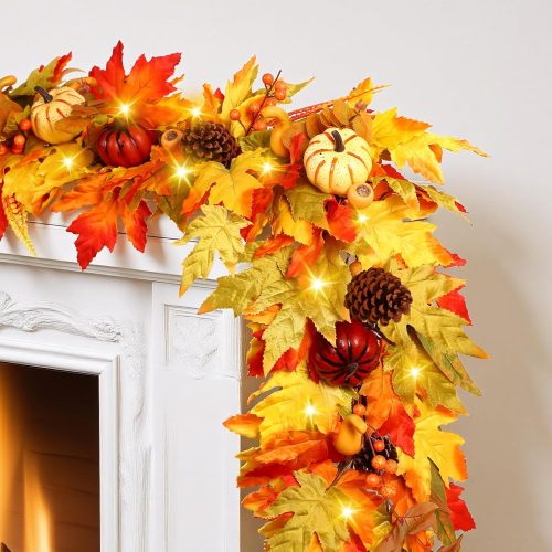 1 6ft Fall Garland with Lights for Mantle, Autumn Leaves Pre-lit Garland with Colorful Pumpkins, Thanksgiving Christmas Decorations for Centerpiece Door Window Home Indoor Outdoor, 6 FT