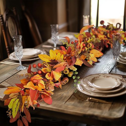 1 6ft Thick Fall Berry Garland with Flower, Autumn Artificial Floral Harvest Leaves Garland for Mental, Table, Thanksgiving, Halloween, Fireplace Porch Indoor Outdoor Decoration