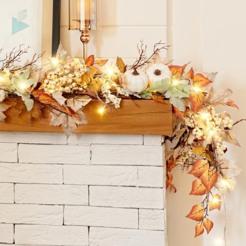1 Fall Garland with Lights, 6Ft Lighted Fall Leaves Garland for Mantle Outdoor Home Door Table, with Pumpkins,Fall Decor Autumn Thanksgiving Decorations