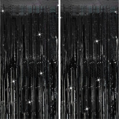 Tinsel Curtain Backdrop Black Birthday Party Decorations 2 Packs Glitter Foil Fringe Curtain Party Decor Streamers Photo Booth for Birthday Christmas Wedding Halloween Graduation Decorations