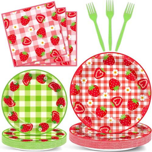 1 96Pcs Strawberry Party Plates and Napkins Birthday Party Supplies Spring Summer Fruit Paper Dessert Plates Strawberry Themed Tableware Set Disposable for 24 Guests 1st Birthday Party Decorations