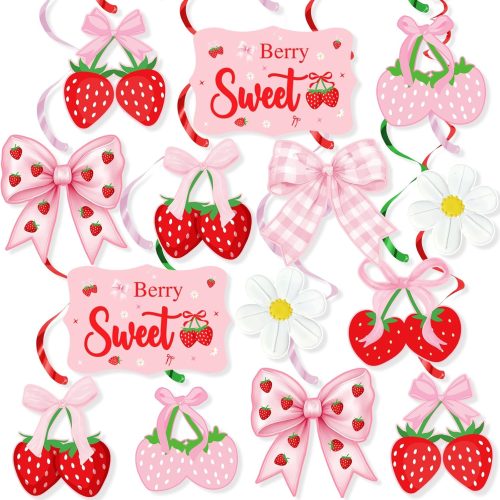 1 Pink Bow Strawberry Party Hanging Swirls Decorations, Berry Sweet Strawberry Theme Party Foil Ceiling Swirl for Summer Fruit Berry First 1st Birthday Girl Berry Sweet Baby Shower Wedding Bridal Shower