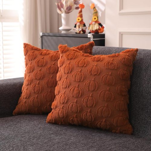 1 Fall Pillow Covers 16x16 inch Set of 2 for Fall Decorations Autumn Rust Pumpkin Soft Plush Faux Fur Wool Throw Pillow Cushion Covers for Sofa Living Room Couch Bed Home Decor