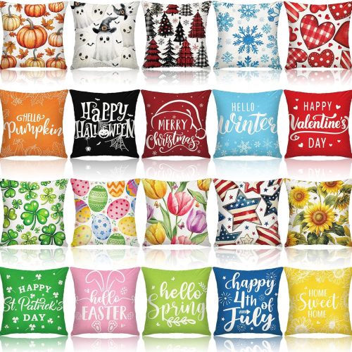 20 Pcs Holiday Pillow Covers 18 x 18 Inch Seasonal Throw Pillow Covers Fall Halloween Decorative Pillowcase Pumpkin Ghost Pillowcase Cushion Case for Farmhouse Home Couch Sofa Decor