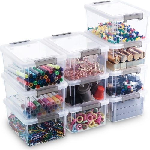 1.3 QT 10 Pack Small Storage Bins Plastic Storage Container Stackable Box with Lids for Organizing, Clear White
