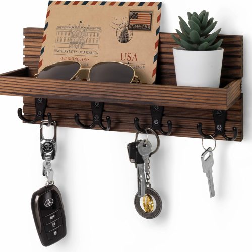 Natural Wooden Key Holder - Wall Mounted Mail Organizer and Key Hanger - Rustic Farmhouse Entryway Shelf with 4 Double Hooks - Decorative Rack for Car Keys, Wallet (Dark Brown) Visit the NAUMOO Store