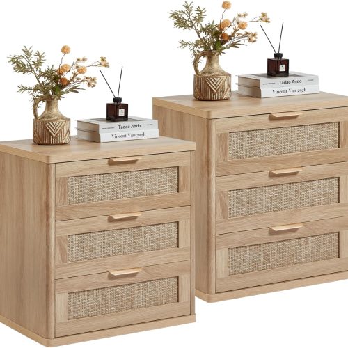 Rattan Night Stand Set of 2 with Drawers, 23" Large 3 Drawer Boho Nightstand, Natural Wood Bedside Table Storage Cabinet, Bed Side End Tables Dresser for Bedroom, Living Room, Hallway, Closet