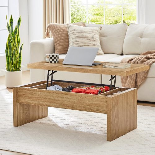 Small Lift Top Coffee Table, Wood Rectangle Coffee Table with Lifting Top and Hidden Storage Compartment, Mid Century Modern Center Tables for Small Space, Living Room, Office (Natural)
