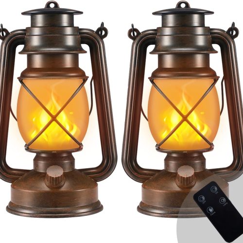 1 Outdoor Lanterns Waterproof Hanging Vintage LED Camping Lamps with Dancing Flame Non-Solar Remote Control Light Landscape Decor for Table Patio Garden Yard Pathway Porch 2Pack (3AA Batteries Power)