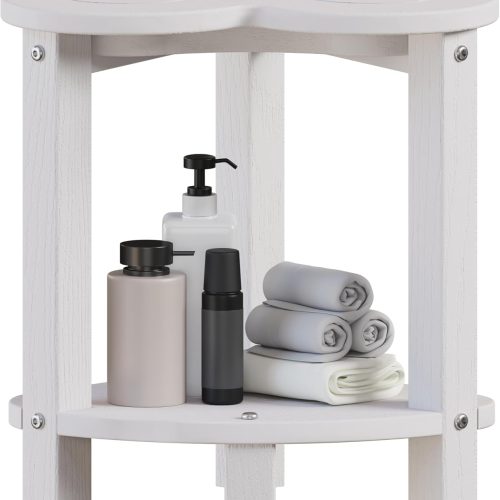 Corner Shower Stool for Inside Shower - Waterproof Corner Shower Bench, HDPE Plastic Bathroom Bench, Adjustable Height Corner Chair for Shaving Legs,Storage Shelf,Non-Slip Feet，White