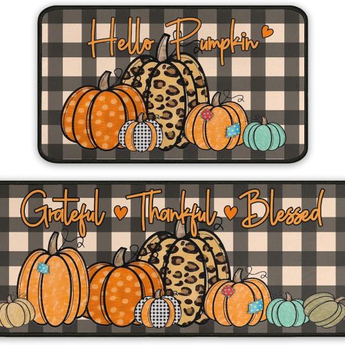 Fall Kitchen Rugs and Mats for Floor, Fall Decorations for Home, 2 Pcs Non-Slip Backing Pumpkin Mat, Autumn Decor Thanksgiving Kitchen Rug Sets with Runner 17"x47.2"+17"x30"