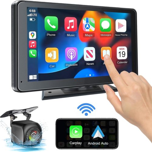 Portable Wireless with Apple CarPlay and Android Auto Screen for Car, 7" HD Touch Screen Car Stereo with Mirror Link, Bluetooth 5.2, Backup Camera, AUX,FM Transmitter for All Vehicle