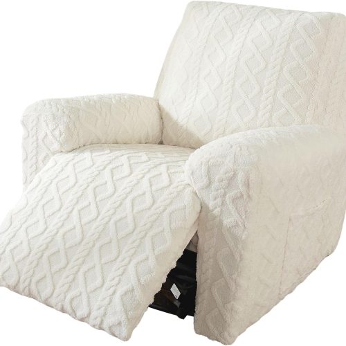 4 Pieces Geometric Jacquard Plush Recliner Slipcovers Soft Fuzzy Fluffy Sofa Couch Cover Anti-Slip Furniture Protector with Elastic Bottom for Kids Cats Dogs(Cream,1 Seat)