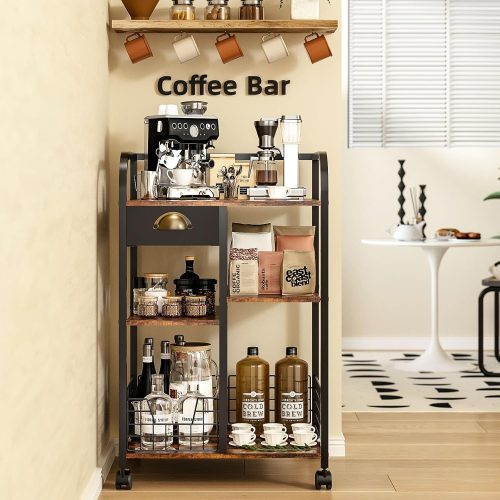 Coffee Bar with Wheels, Mobile Coffee Table with Storage Drawer, 4-Tier Adjustable Coffee Cart, Rustic Wood Coffee bar Station for Kitchen/Entrance/Living Room/Dining Room
