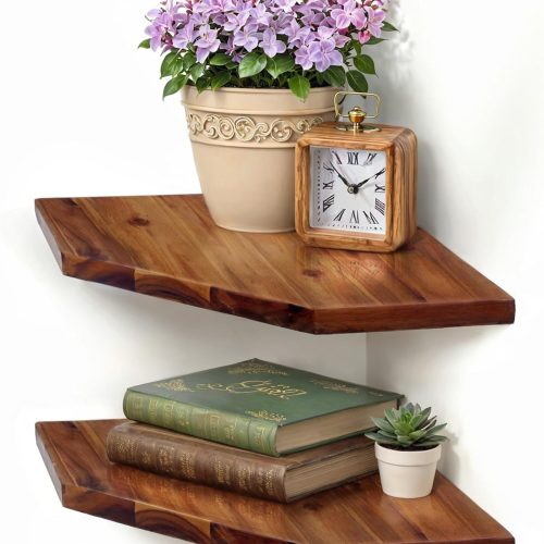 Corner Shelf Wall Mount, Set of 2 Solid Acacia Wood 11.8 x 16.5 inches Floating Corner Shelves, Smooth - Durable - Attractive Corner Shelves for Bedroom Living Room Bathroom Kitchen