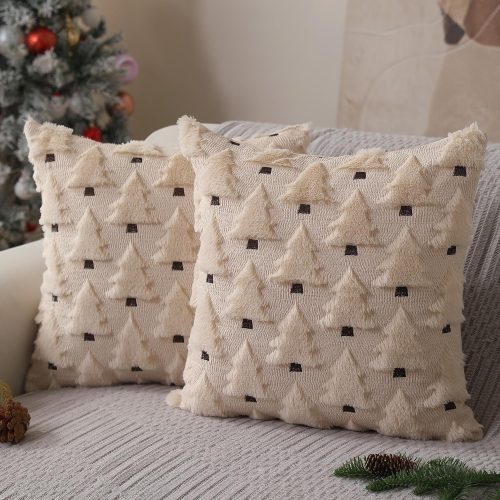 1 Christmas Pillow Covers 18x18 inch Set of 2 Xmas Decorations Soft Plush Faux Fur Wool Beige Christmas Tree Throw Pillow Cases Winter Holiday Decor for Sofa Living Room PT-002C18Polyester Pattern&Material:Made of Polyester,Soft plush fabric with natural solid color.The pattern is made by hand embroidery,single sided pattern. Package&Size:Set of 2 pillow covers,No Insert or Filler,This pillow cover fits 18x18 inch insert, PLEASE NOTE: All of our pillow covers are made to ensure a snug fit. Each listing size refers to the pillow insert size and not the pillow cover size.To ensure the proper fit,we make all pillow covers slightly smaller (approximately 0.7" smaller) than the insert size,Our pillowcases are handmade and may have certain errors. Multiple uses:Our Christmas pillow can be used as a home or decoration on your sofa, bedroom, living room, porch, etc. to decorate your home. It can also be a great addition to your holiday party decorations. Invisible zipper:This pillow covers has an invisible zipper.Only have pillow covers Color-coordinated hidden zipper closure brings an elegant appearance, and it's super easy to stuff pillows/fillers into this pillow covers. Washing Tipss: Machine wash in cold water separately, gently cycle only, dot not bleach.