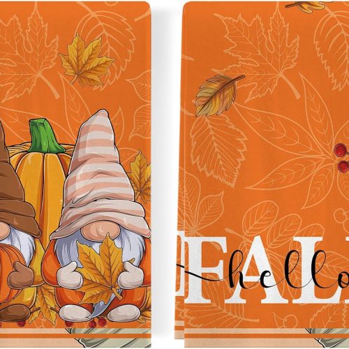 Fall Kitchen Towels Set of 2 Fall Gnomes Pumpkin Dish Towels 18x26 Inch Farmhouse Fall Autumn Thanksgiving Decorations and Supplies for Home, Orange, LYN-6004
