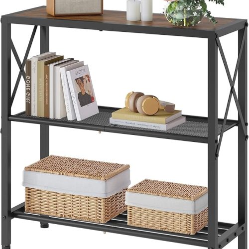 Industrial Console Table, 3-Tier Entryway Tables, Metal Frame, Sofa Table with Shelf, Hallway Tables, Entrance Desk for Entryway, Living Room, Foyer, Hallway, Rustic Brown&Black
