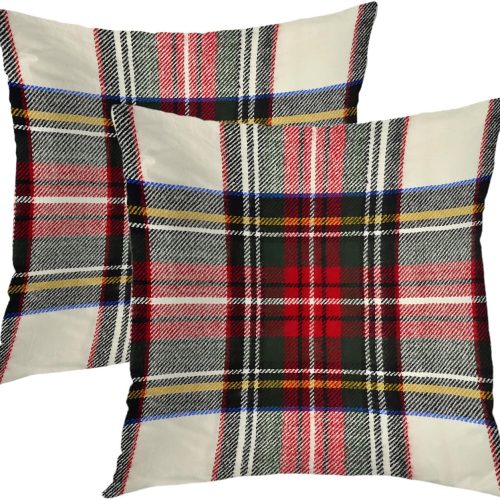 1 Plaid Pillow Covers 18x18 Inch Set of 2, Scottish Tartan Red and White Wool Plaid Pattern Symmetric Square Print Double Sided Decorative Pillows Cases Throw Pillows Covers
