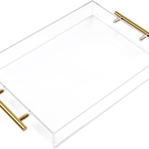 12"x16" Clear Acrylic Serving Tray with Golden Handles, Sturdy Huge Capacity Acrylic Tray for Coffee, Juice, Kitchen and Desk Organizer, Storage Tray (12"x16")