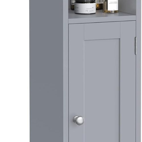 Small Storage Corner Floor Cabinet with Door, 7.9 x 7.1 x 31.5 Inches, Narrow Toilet Paper Storage Holder, Adjustable Shelves, for Bathroom, Living Room, Small Spaces, Dove Gray UBBC310P36