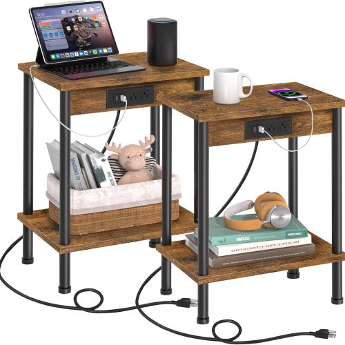 End Table with Charging Station,Small Side Table,2-Tier Nightstand with Storage Shelf,Sofa Bedside Table for Small Spaces in Living Room,Bedroom,Office,Easy Assembly,Rustic Brown