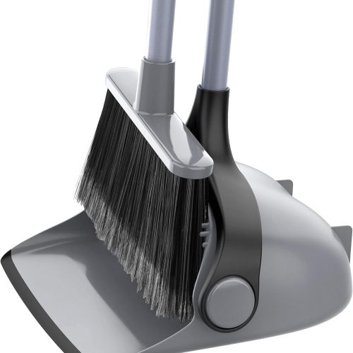 Broom and Dustpan Set with Adjustable Long Handle, Upright Combo for Floor, Cleaning Lobby, Gray