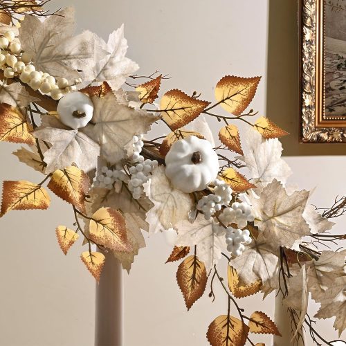 5.8ft Fall Garland with Lights Clearance Mantle Fireplace Autumn Garland with Pumpkins for Home Fall Leaves Garland with Berries for Indoor Outdoor Porch Thanksgiving Halloween Decorations