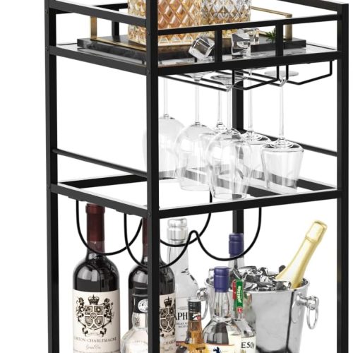Black Bar Cart, Serving Cart with Wheels and Handle, Small Bar Carts with Wine Rack and Glass Holder, Modern Glass Beverage Cart, Mini Cart for Small Spaces, Kitchen, Dining Room