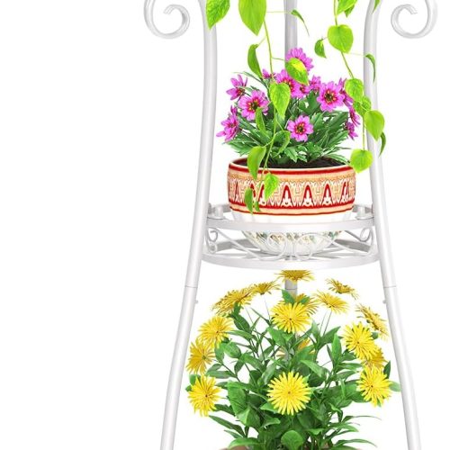 1 3 Tier White Metal Plant Stand for Multiple Large Planters Indoor Outdoor Organizer, Heavy Duty Tall Flower Stand for Corner Patio Bathroom Office, Modern Sturdy Vertical Iron Rack, Cat Proof