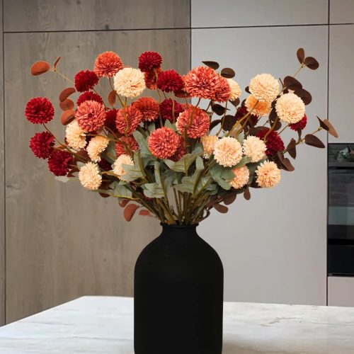 1 Fall Flowers, Burnt Orange Faux Kiku Flowers Artificial 10 Stems + Eucalyptus, Fake Silk Mums Fall Floral Centerpiece, Autumn Decor, Terracotta Mini Balls Faux Stems For Vase, Decoración de Otoño