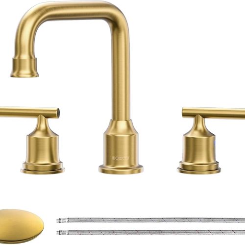 1 Brushed Gold Bathroom Faucet Widespread Bathroom Sink Faucet 2 Handle Lavatory Tap 3 Holes with Drain and Supply Hoses Mordern Basin Taps