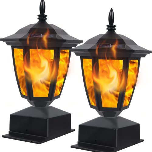 1 Dynaming Solar Flame Post Lights Outdoor, Solar Powered Lamps Fence Post Cap Lights, Flickering Flame LED Lantern Decorative Waterproof for Garden Deck Patio, Fit 4x4, 5x5 or 6x6 Wooden Posts, 2 Pack