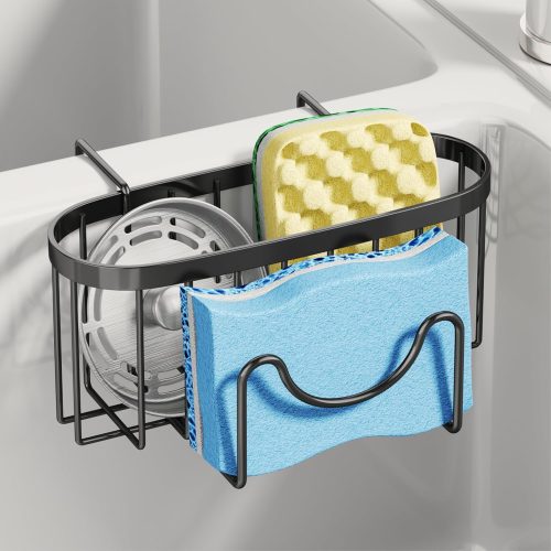 Sponge Holder for Kitchen Sink - Movable Kitchen Sink Caddy with M Shape Hook, Stainless Steel Hanging Sponges Caddy Organizer in Double Bowl Sinks Depth>3.15in, Middle divider<1.5in, Black