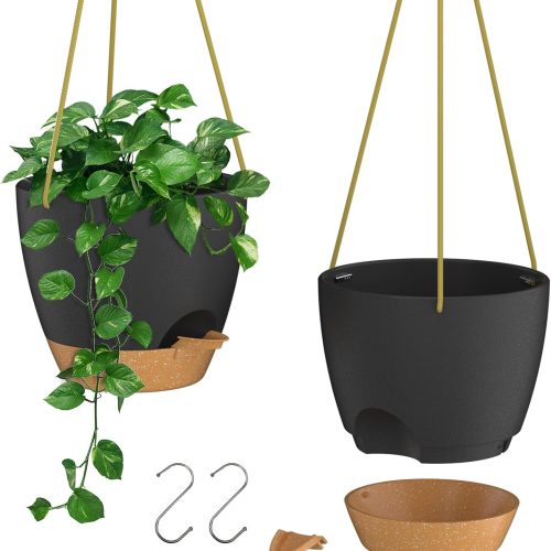 10 Inch Hanging Planters for Indoor Outdoor Plants, 2 Pack Self Watering Hanging Plant Pots with Drainage Holes and Removable Saucer, Plastic Flower Hanging Pots with Watering Lip (Black)