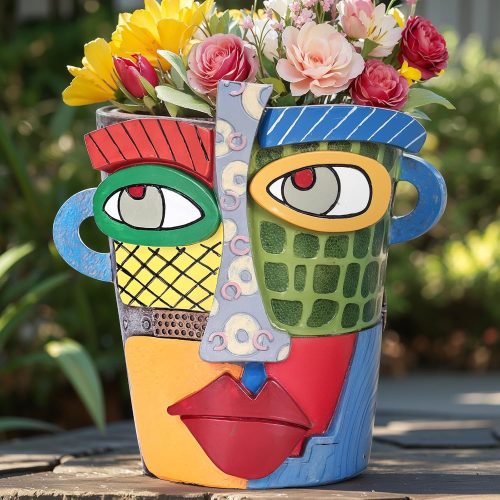 Colorful Face Planter Funky Head Planters for Indoor Plants, Succulent Pots with Drainage for Home Unique Decor, Large Abstract Flower Pots for Indoor Outdoor Garden Cute Plant Decor