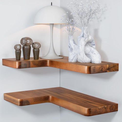 Acacia Wood Corner Floating Shelves 17" x 12"– Corner Shelf Wall Mounted - Floating Book Shelves for Wall - Brackets and Shelving Hardware Included for Kitchen, Living Room, Bathroom (Set 2)