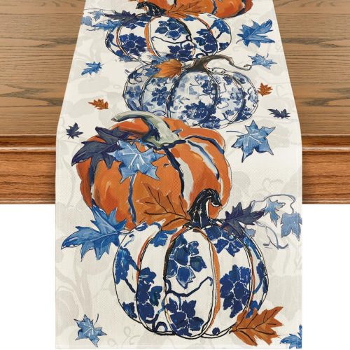 Pumpkins Maple Leaf Blue and White Porcelain 210 GSM Fall Table Runner, Seasonal Kitchen Dining Table Decoration for Home Party Decor 13x72 Inch