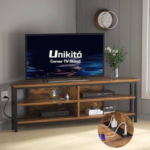 55'' Corner TV Stand with Power Outlet, Corner Entertainment Center TV Console Table with 4 Open Storage Shelves, Metal Frame for Living Room, Bedroom, Industrial 60'' Corner TV Stand, Rustic