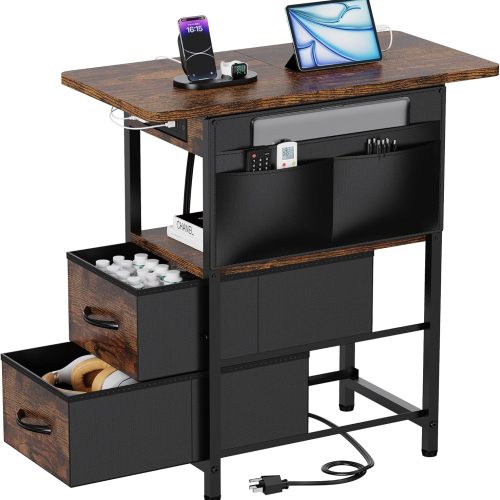 Small Side Table with Charging Station, Narrow Nightstand Bedside Tables with Storage Pocket for Living Room Bedroom, Sofa End Table with USB Ports and Power Outlets for Small Spaces