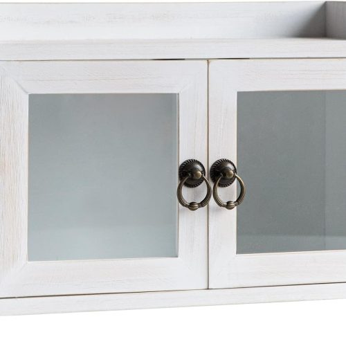 Storage Cabinet, Mini Countertop Cabinet, Distressed Wood Organizer for Kitchen Living Room Bedroom Bathroom Office with Magnetic Door, 14.5 x 6.5 x 10 (White)