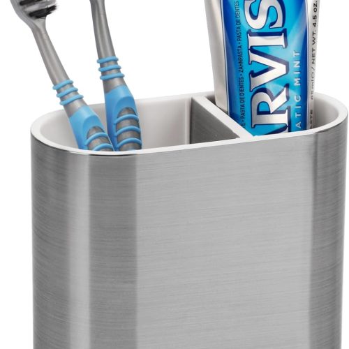 Toothbrush and Toothpaste Holder with Divider for Bathroom Countertop Organizer, 2 Slots Electric Toothbrush Holders Storage Caddy Drainage for Family, Kids (Brushed Silver)